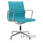 Blue Genuine Leather Ribbed Mid Back Conference Office Side Chair