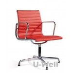 Red Genuine Leather Ribbed Mid Back Conference Office Side Chair